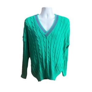 Polline.  Made Italy. Classics Mens Green Cable‎ Knit V-Neck Sweater XL. Cotton